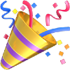 A colorful party popper bursting open, releasing red and blue streamers and confetti. The popper is yellow with purple stripes.